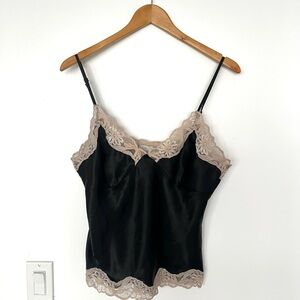 Vintage Jessica Black Satin Lingerie Cami with Cream Lace | Size S | Adjustable